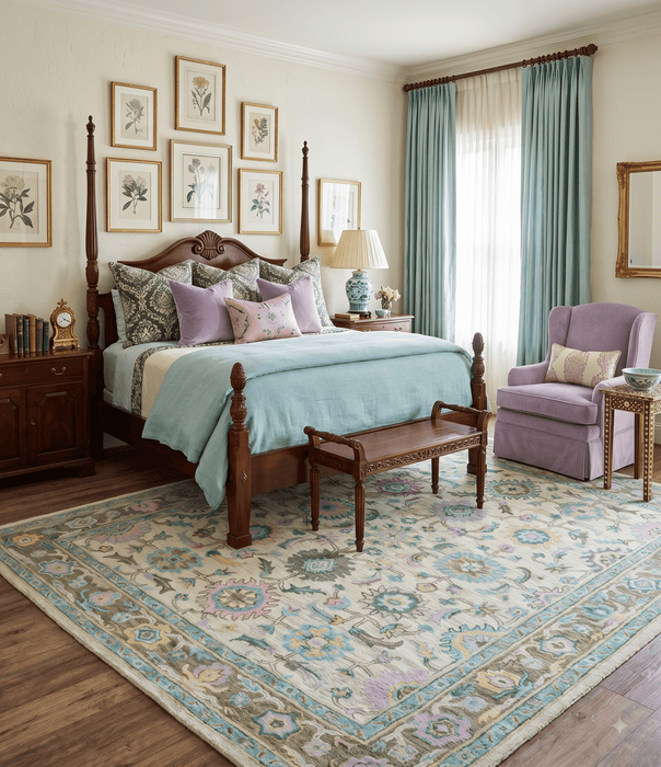 Custom Made Beige, Blue and Purple Traditional Floral Hand Tufted wool rug