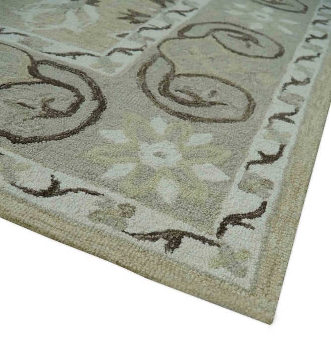 Custom Made Beige, Ivory and Charcoal Traditional Ikat design Hand Tufted wool Area Rug