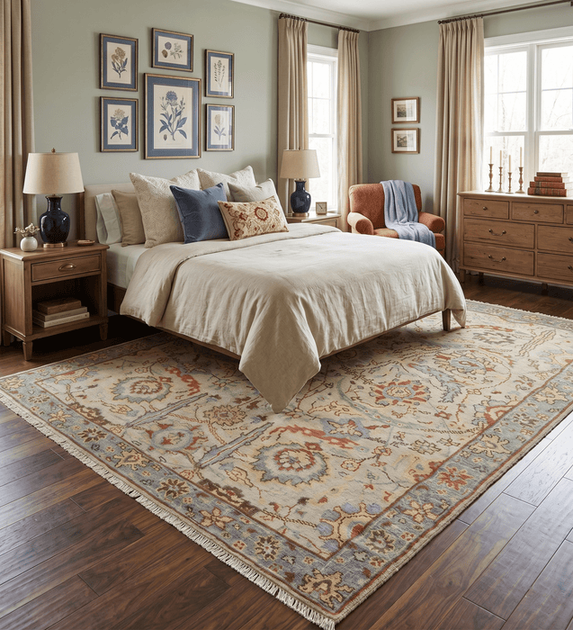 Custom Made Beige, Rust and Blue Traditional Style Hand Knotted Wool Area Rug