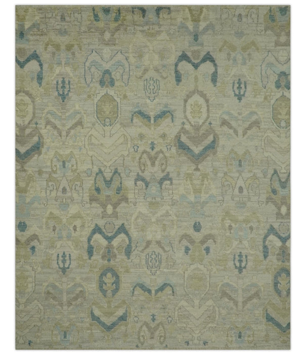 Custom Made Blue And Beige Modern Ikat Design Hand Knotted Wool Area Rug