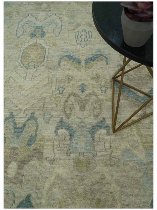 Custom Made Blue And Beige Modern Ikat Design Hand Knotted Wool Area Rug