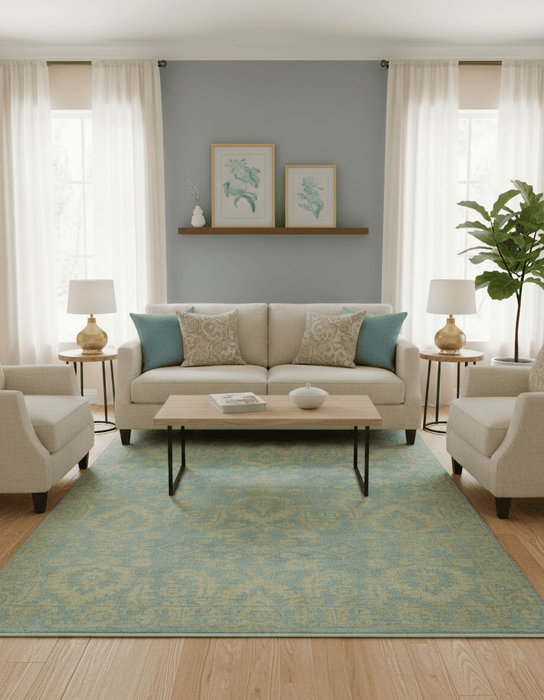Custom Made Blue And Beige Traditional Floral Hand Knotted Wool Rug