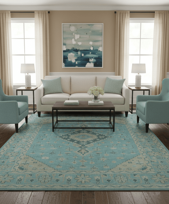 Custom Made Blue And Beige Turkish Design Hand knotted Wool Area Rug