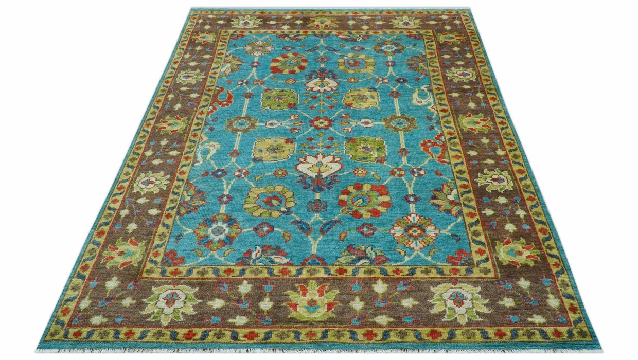 Custom Made Blue And Brown Traditional Floral Hand Knotted Wool Rug