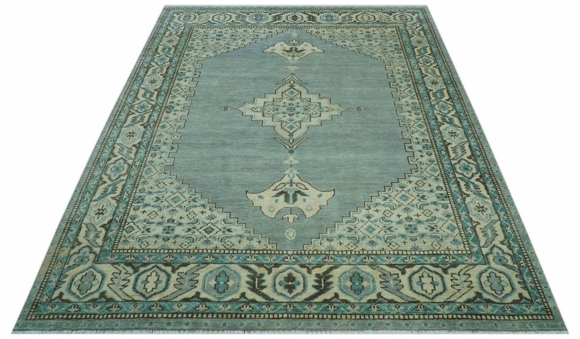 Custom Made Blue And Gray Traditional Medallion Hand Knotted Wool Rug