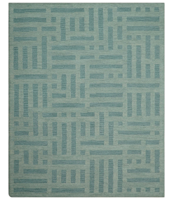 Custom Made Blue And Ivory Modern Abstract Pattern Hand Tufted Wool Area Rug