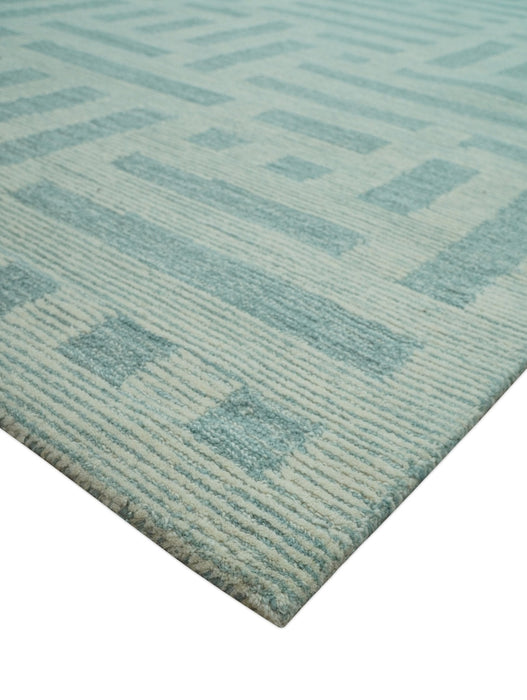 Custom Made Blue And Ivory Modern Abstract Pattern Hand Tufted Wool Area Rug