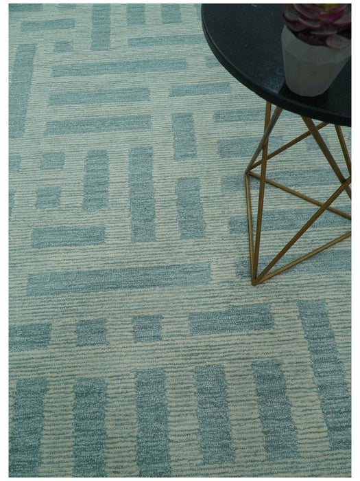 Custom Made Blue And Ivory Modern Abstract Pattern Hand Tufted Wool Area Rug