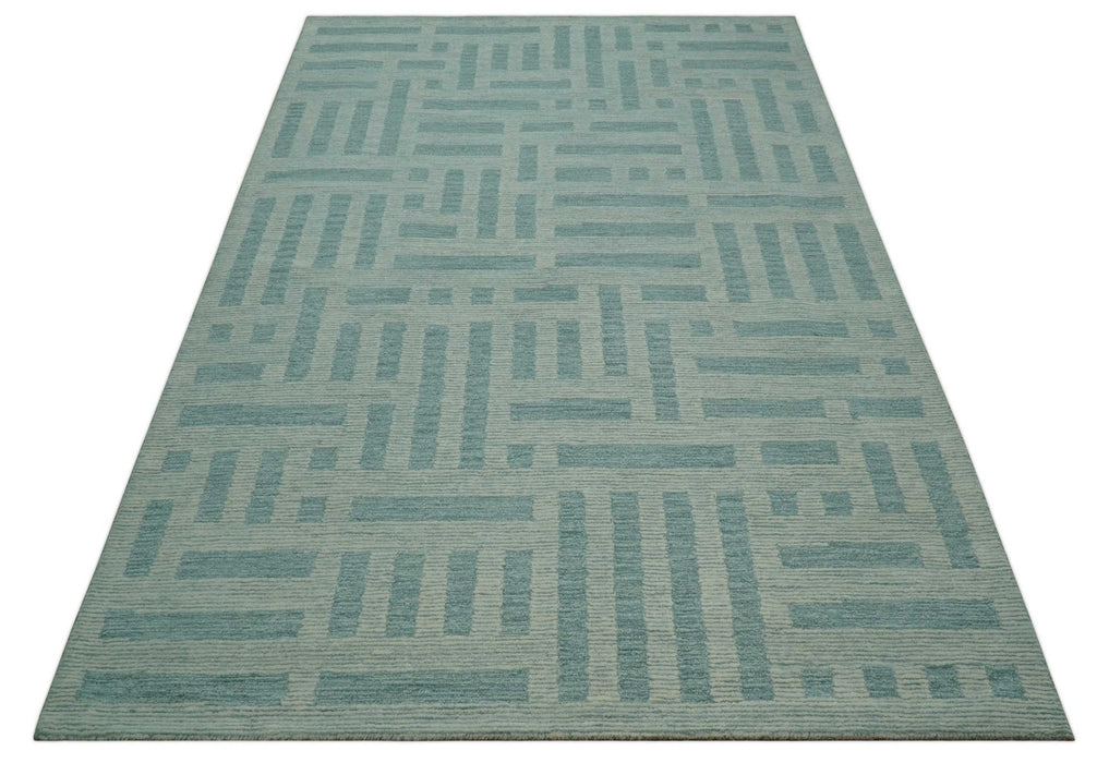 Custom Made Blue And Ivory Modern Abstract Pattern Hand Tufted Wool Area Rug