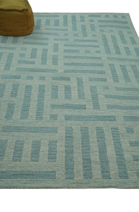 Custom Made Blue And Ivory Modern Abstract Pattern Hand Tufted Wool Area Rug