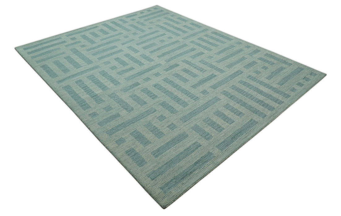 Custom Made Blue And Ivory Modern Abstract Pattern Hand Tufted Wool Area Rug
