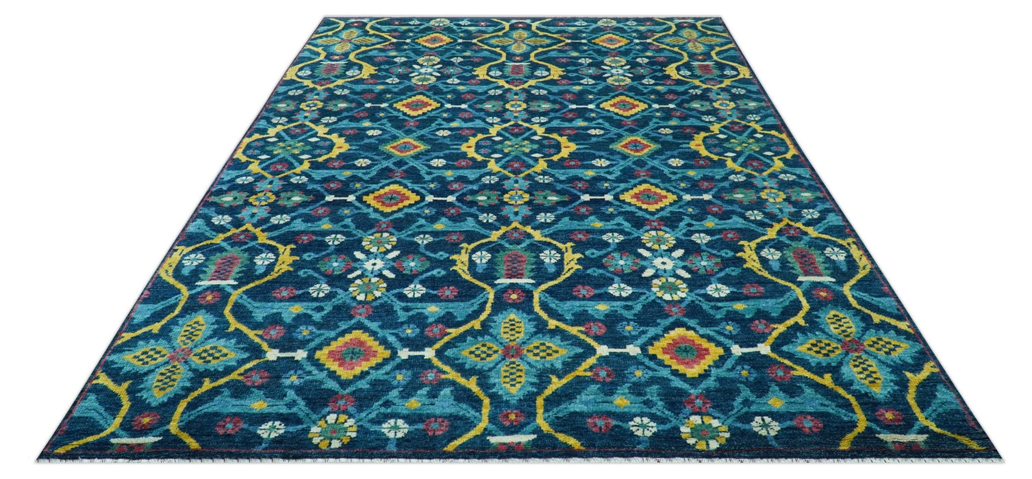 Custom Made Blue And Mustard Traditional Floral Motifs Hand Knotted Wool Rug