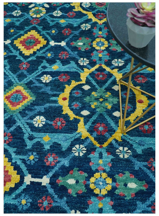 Custom Made Blue And Mustard Traditional Floral Motifs Hand Knotted Wool Rug