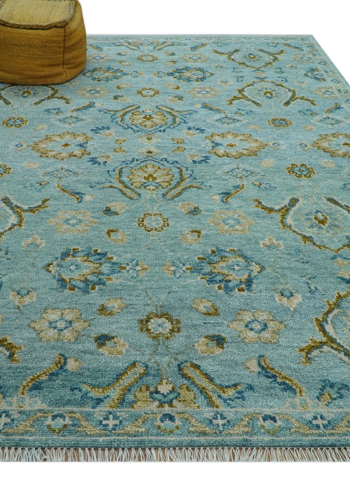 Custom Made Blue And Olive Traditional Oriental Design Hand knotted Wool Area Rug