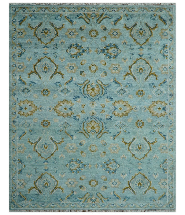 Custom Made Blue And Olive Traditional Oriental Design Hand knotted Wool Area Rug