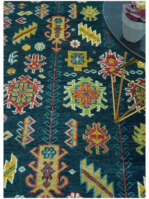 Custom Made Blue And Red Traditional Tribal Design Hand Knotted Wool Rug