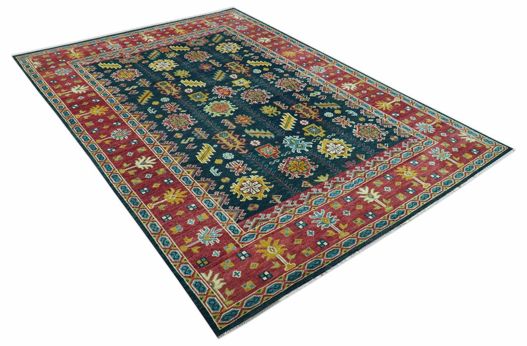 Custom Made Blue And Red Traditional Tribal Design Hand Knotted Wool Rug