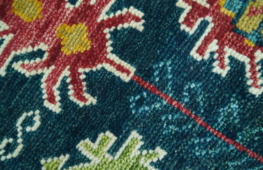 Custom Made Blue And Red Traditional Tribal Design Hand Knotted Wool Rug