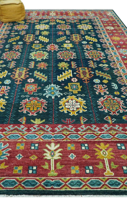 Custom Made Blue And Red Traditional Tribal Design Hand Knotted Wool Rug