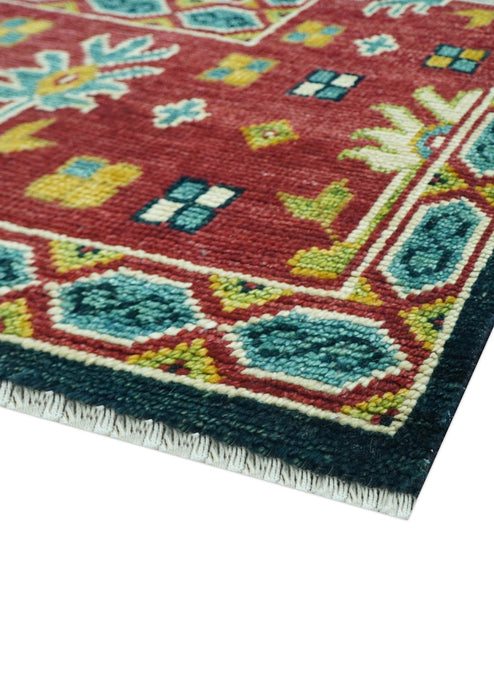 Custom Made Blue And Red Traditional Tribal Design Hand Knotted Wool Rug