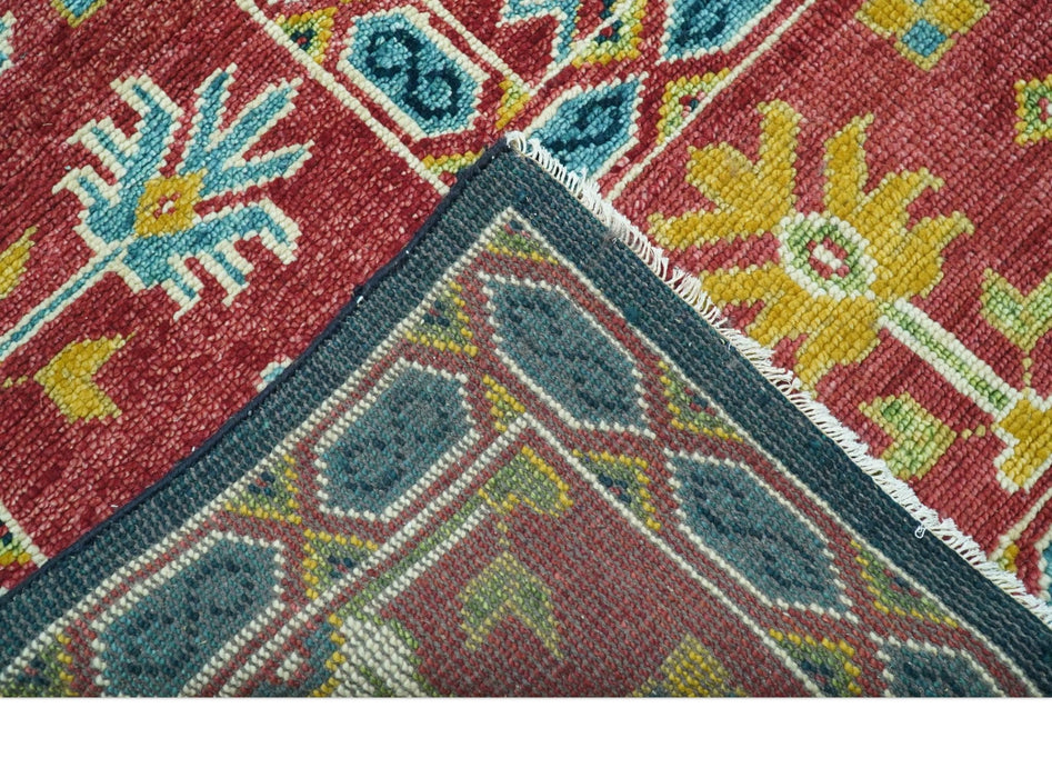 Custom Made Blue And Red Traditional Tribal Design Hand Knotted Wool Rug