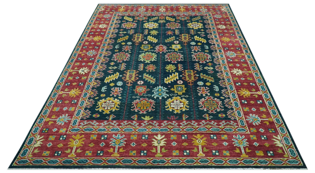 Custom Made Blue And Red Traditional Tribal Design Hand Knotted Wool Rug