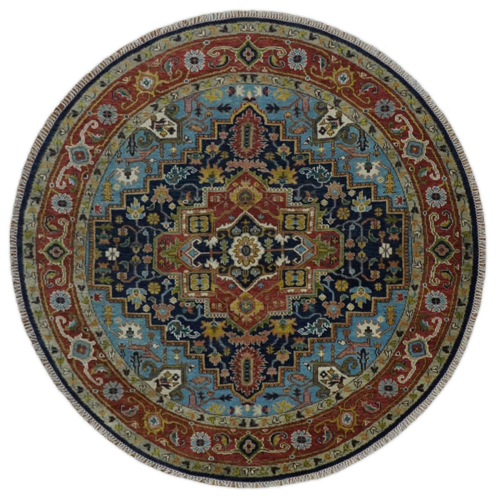 Custom Made Blue and Rust Hand Knotted Wool Antique Style Wool Area Rug
