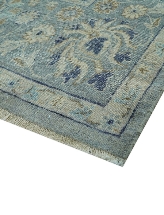 Custom Made Blue Traditional distressed design Hand knotted Wool Area Rug