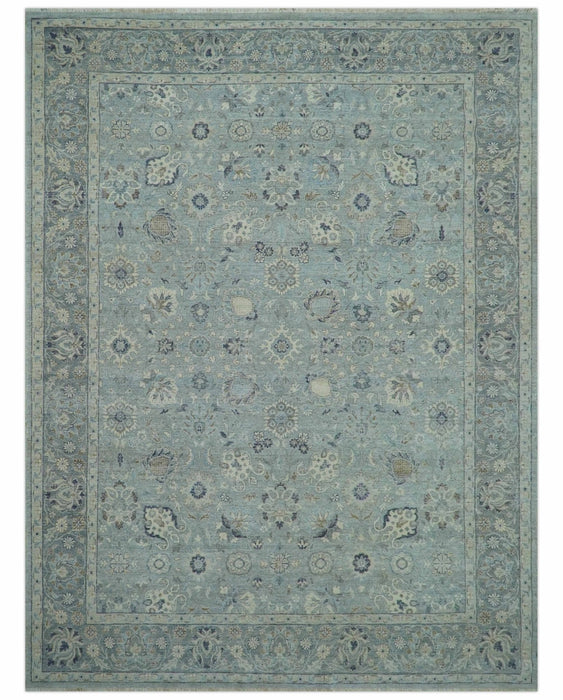 Custom Made Blue Traditional distressed design Hand knotted Wool Area Rug