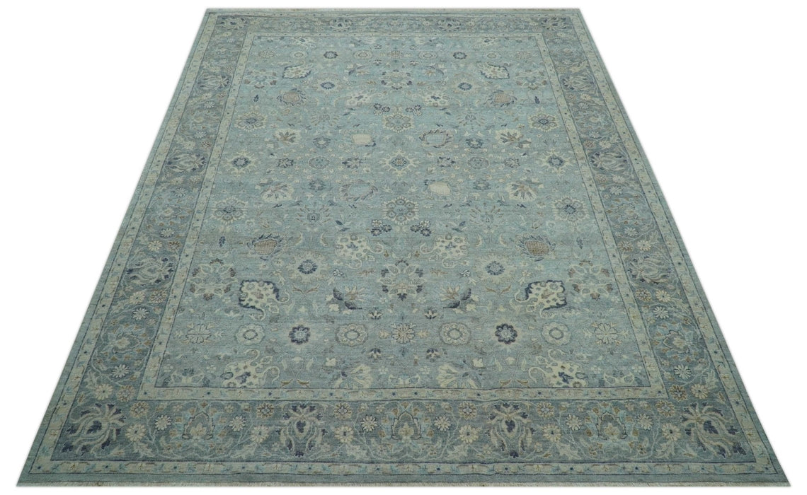 Custom Made Blue Traditional distressed design Hand knotted Wool Area Rug