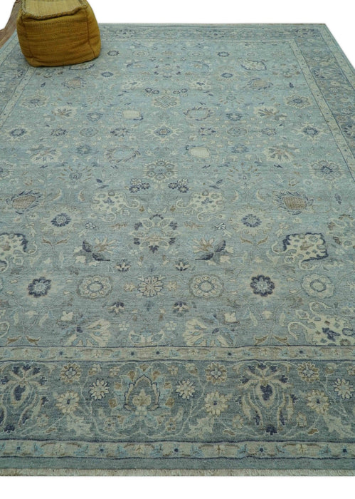 Custom Made Blue Traditional distressed design Hand knotted Wool Area Rug