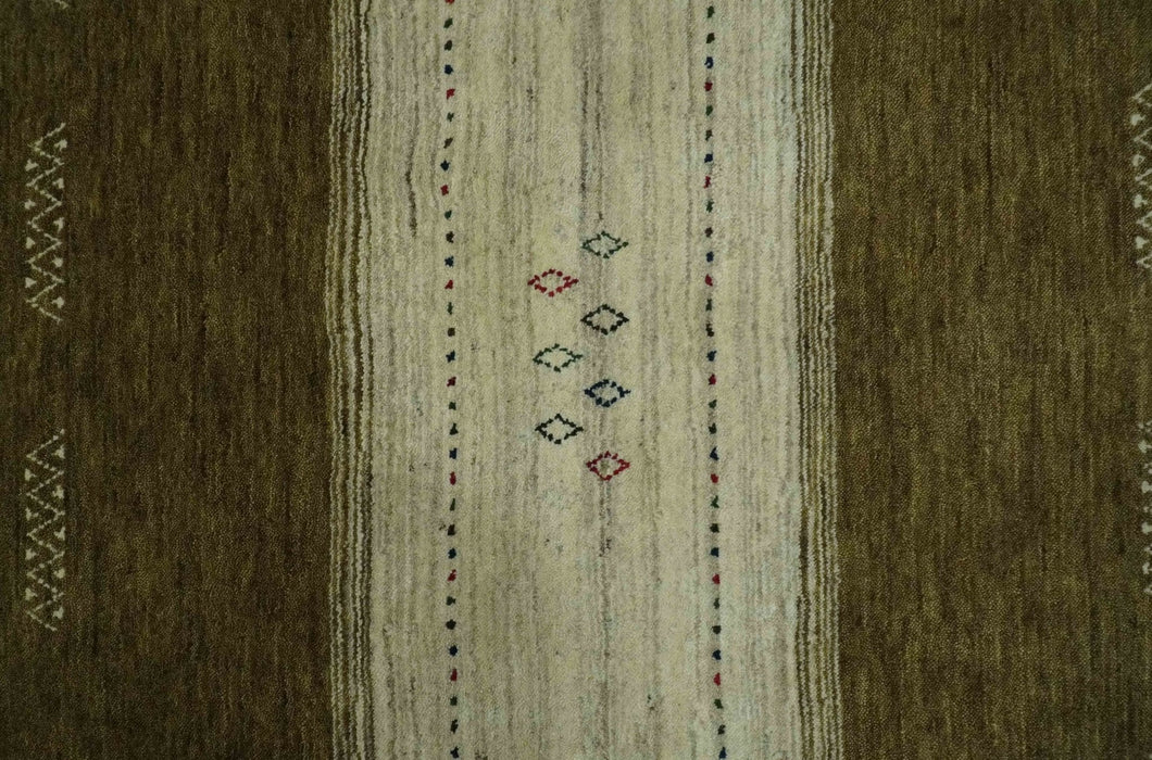 Custom Made Brown and Ivory Geometrical Stripes Design wool Area Rug