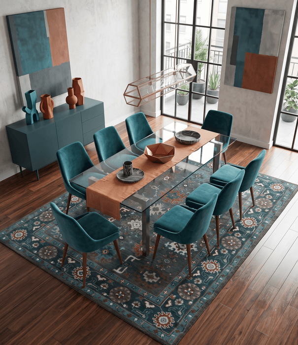 Custom Made Charcoal and Teal Hand knotted Traditional Oushak wool area rug