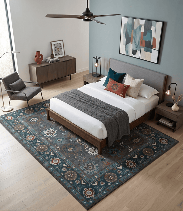 Custom Made Charcoal and Teal Hand knotted Traditional Oushak wool area rug
