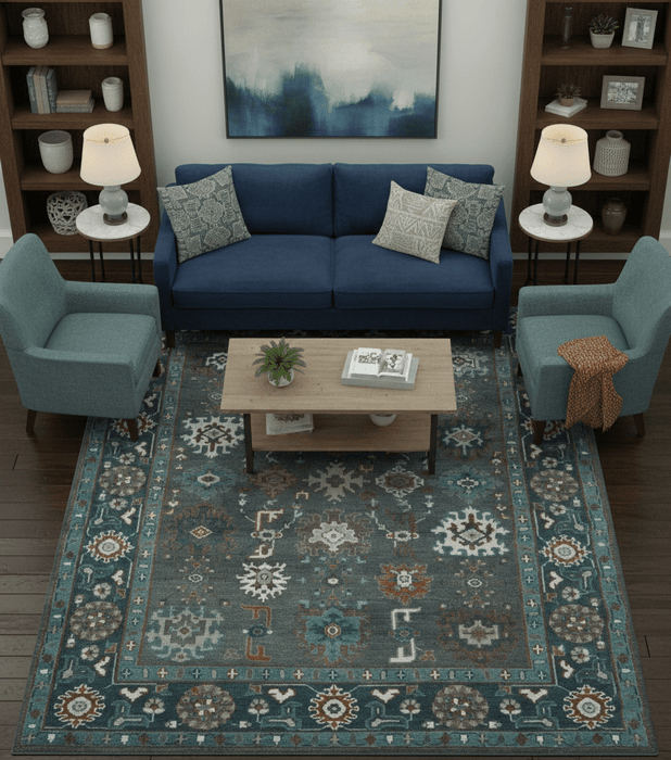 Custom Made Charcoal and Teal Hand knotted Traditional Oushak wool area rug