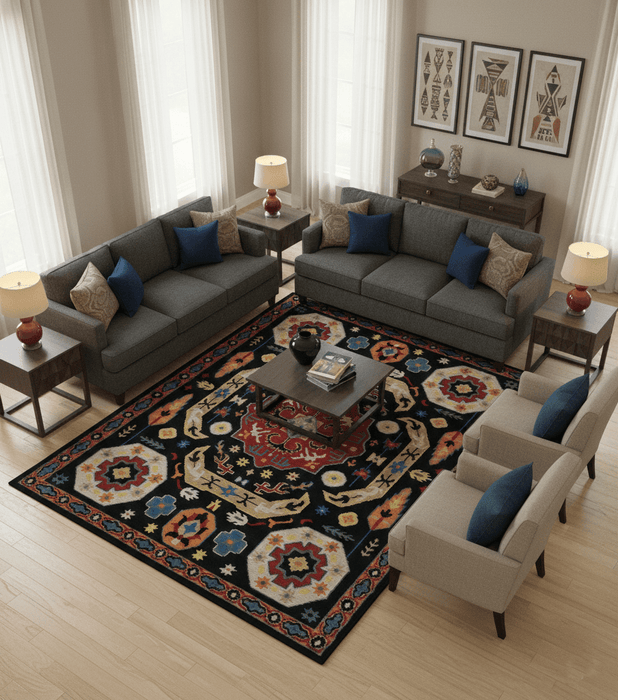 Custom Made Colorful Black, Maroon and Beige Traditional Mamluk Design wool Rug