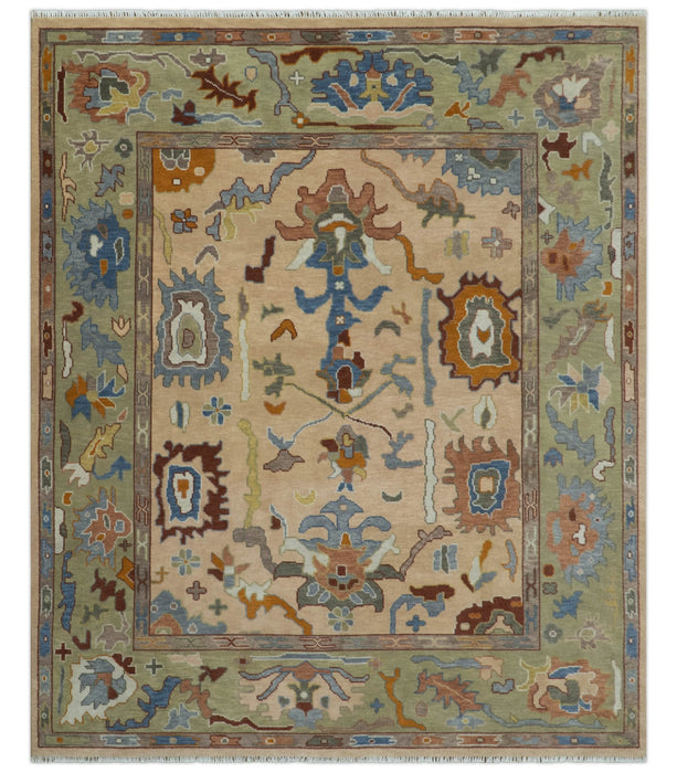 Custom Made Colorful Peach and Green Hand knotted Oushak wool Area Rug