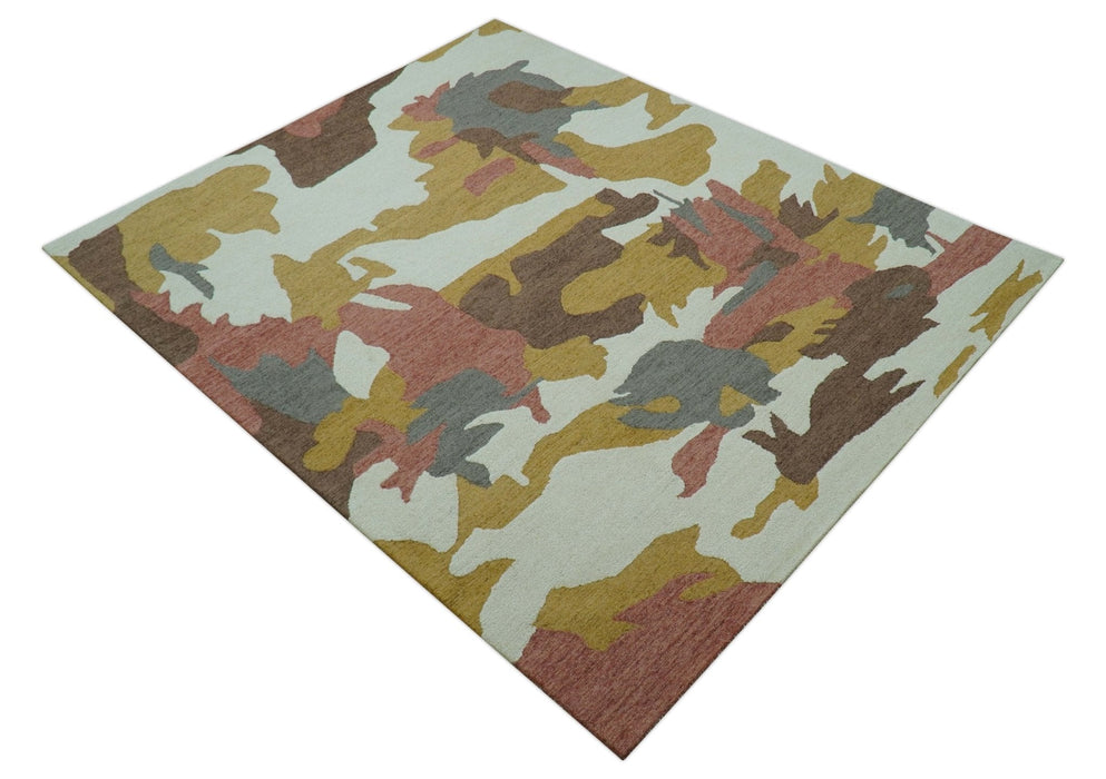 Custom Made Contemporary Abstract Ivory, Yellow And Rust Hand Tufted Wool Area Rug