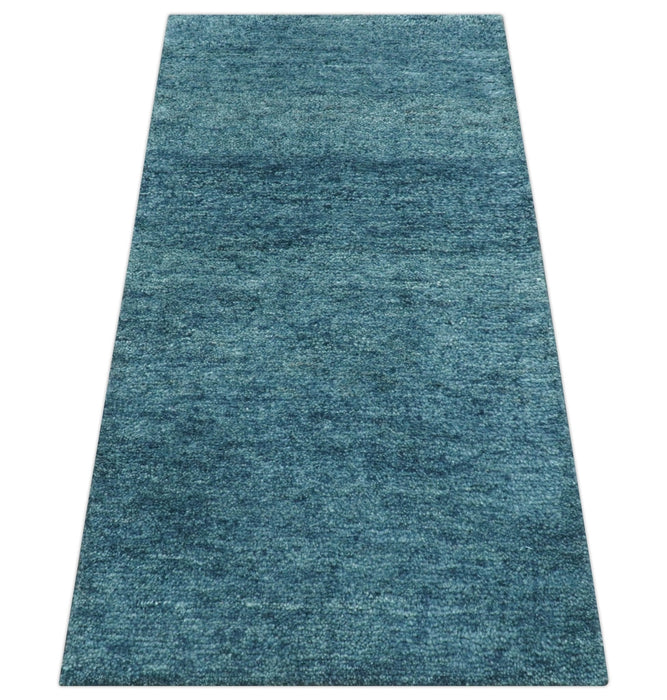 Custom Made Contemporary Solid Plush Blue Hand Knotted Wool Rug