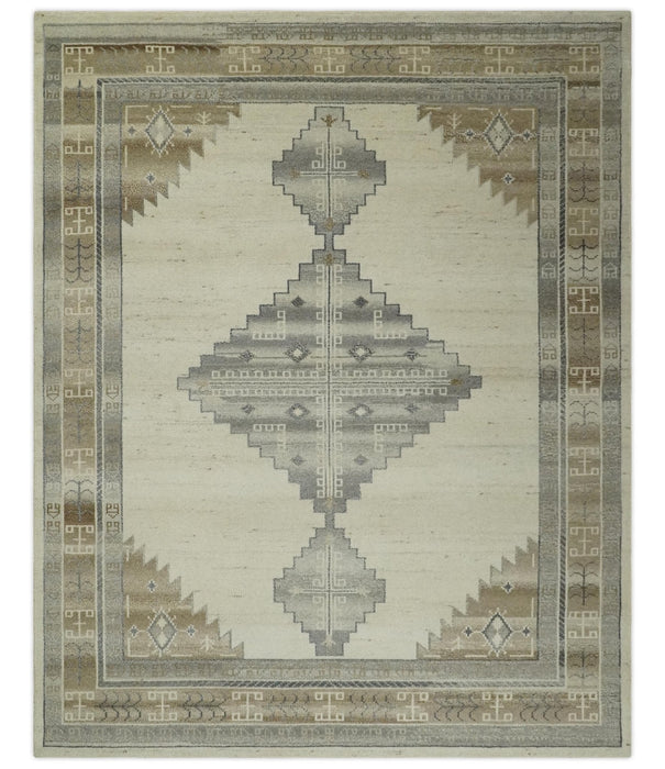 Custom Made Earthy Hand Knotted Ivory, Charcoal and Beige Wool Area Rug