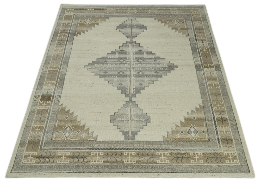 Custom Made Earthy Hand Knotted Ivory, Charcoal and Beige Wool Area Rug