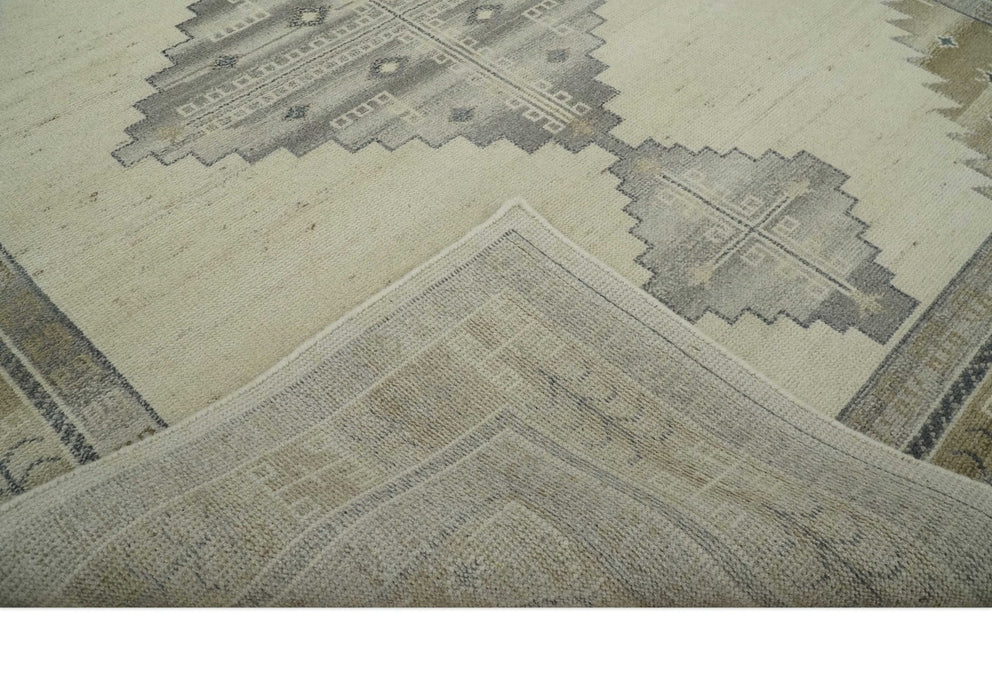 Custom Made Earthy Hand Knotted Ivory, Charcoal and Beige Wool Area Rug