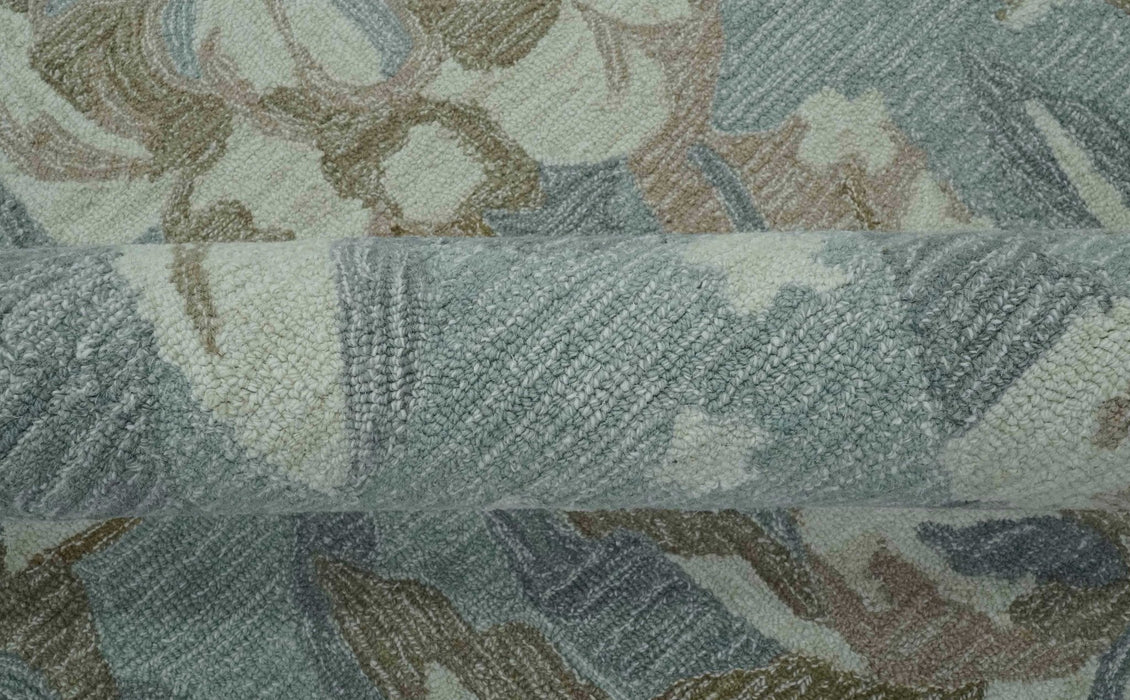 Custom Made Elegant Blue, Ivory and Olive Floral Design Hand Tufted wool Rug