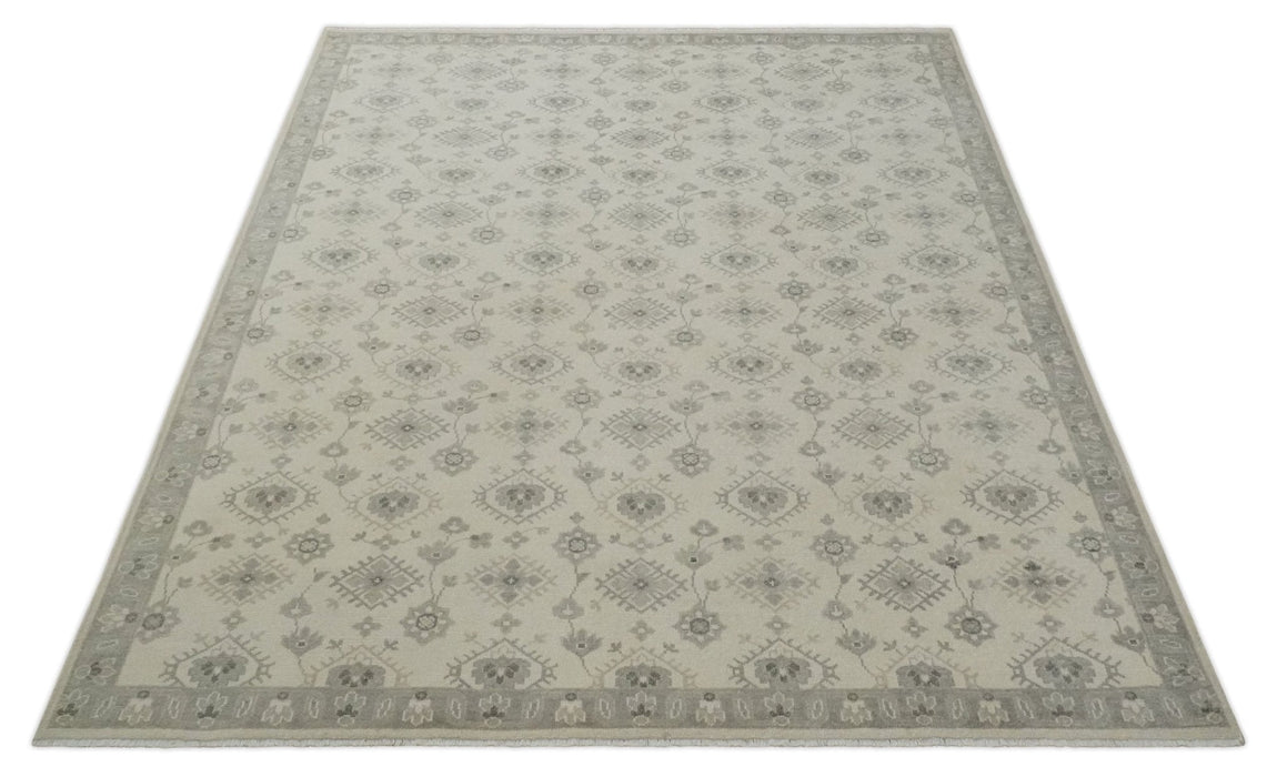 Custom Made Fine Hand Knotted Ivory and Charcoal Style Hand knotted Wool Area Rug