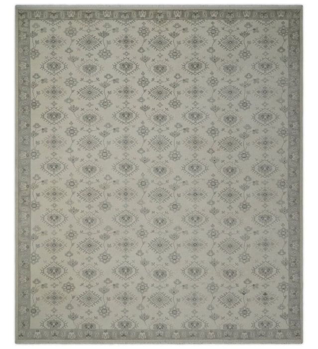 Custom Made Fine Hand Knotted Ivory and Charcoal Style Hand knotted Wool Area Rug