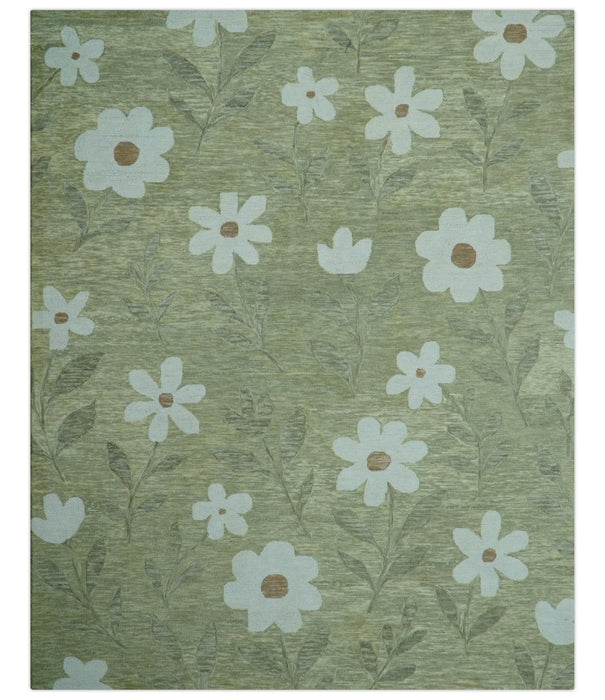 Custom Made Floral Olive Green Hand Tufted Wool Area Rug