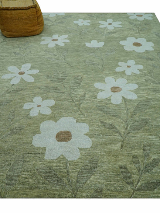Custom Made Floral Olive Green Hand Tufted Wool Area Rug
