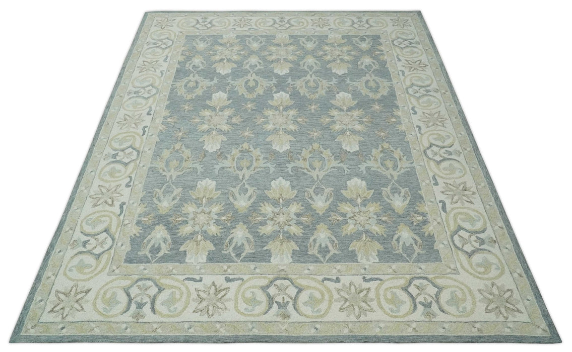 Custom Made Gray, Ivory and Beige Traditional Ikat design Hand Tufted wool Area Rug