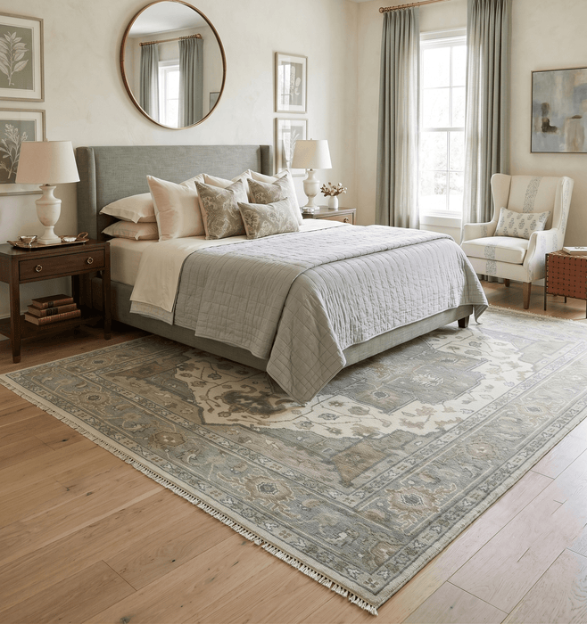 Custom Made Gray, Ivory and Silver Hand knotted Traditional Medallion wool Area Rug