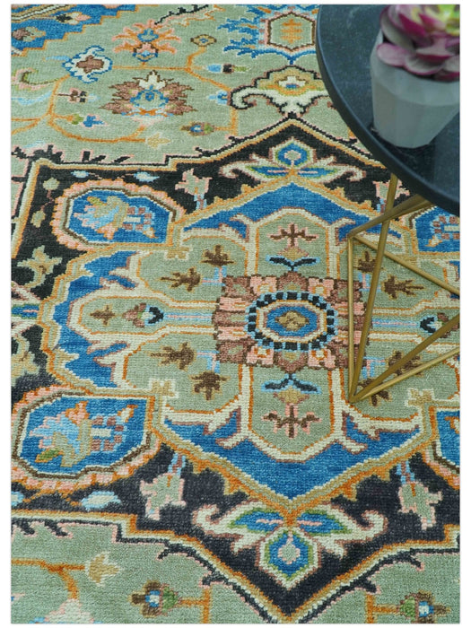 Custom Made Green And Blue Traditional Heriz Hand Knotted Wool Rug